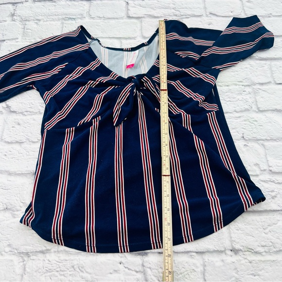 No Boundaries Juniors Large 11/13 Knit Shirt Dark Blue Red Striped Short Sleeve - Picture 8 of 8